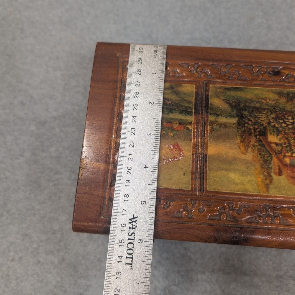 Vintage Cedar Wood Keepsake Chest Cottage Landscape Mirror Jewelry Box Latch - Picture 10 of 10